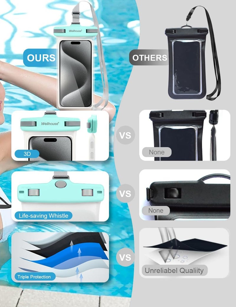 Wellhouse Waterproof Phone Pouch, Waterproof Phone Case for iPhone 16 15 14 13 12 Pro Max XS Samsung, IPX8 3D Cellphone Dry Bag Beach Essentials (2 Pack - Green & White7.0, 7 inch) - Image 4